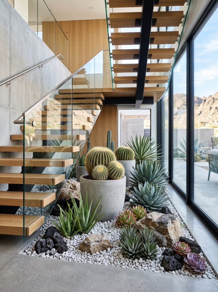 Modern cactus and succulent staircase garden