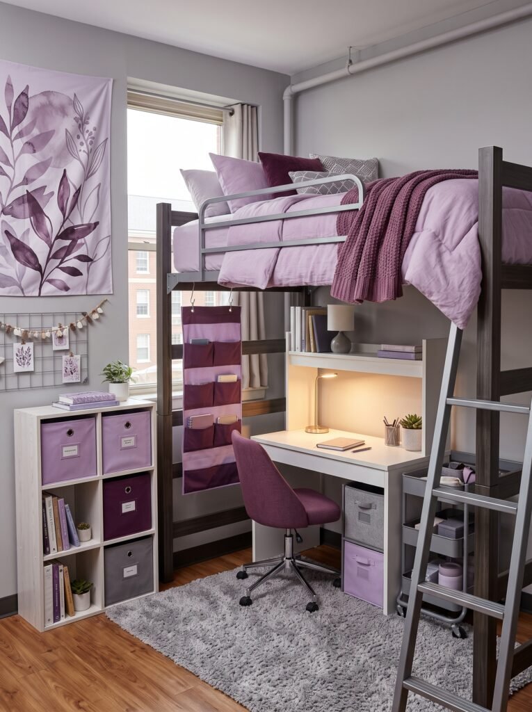 Lavender lofted bed dorm room with study area underneath