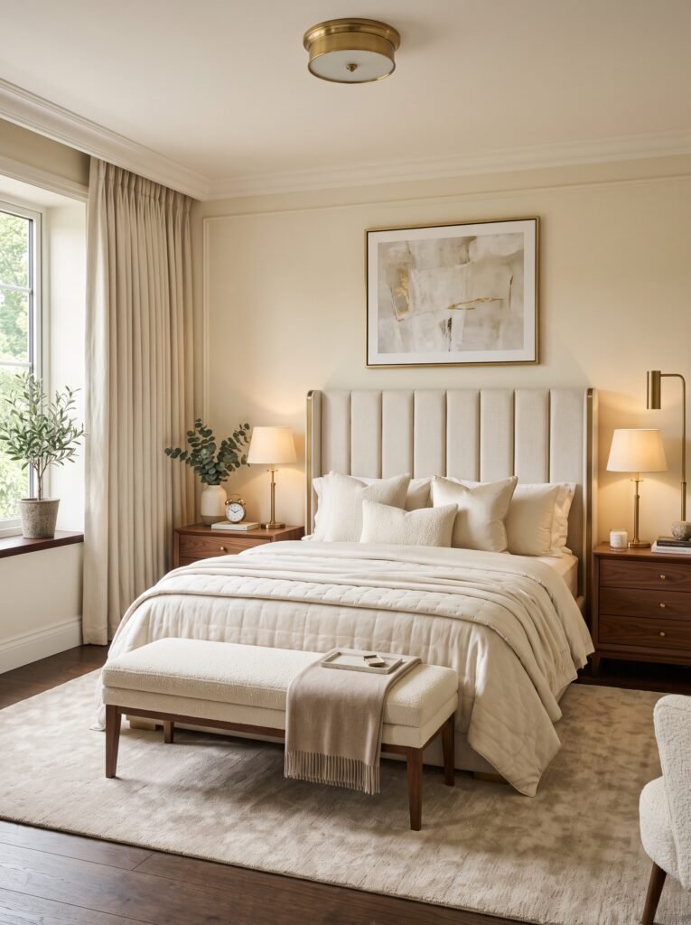 Elegant luxury bedroom with tall upholstered headboard, cream bedding, walnut furniture, and warm lighting