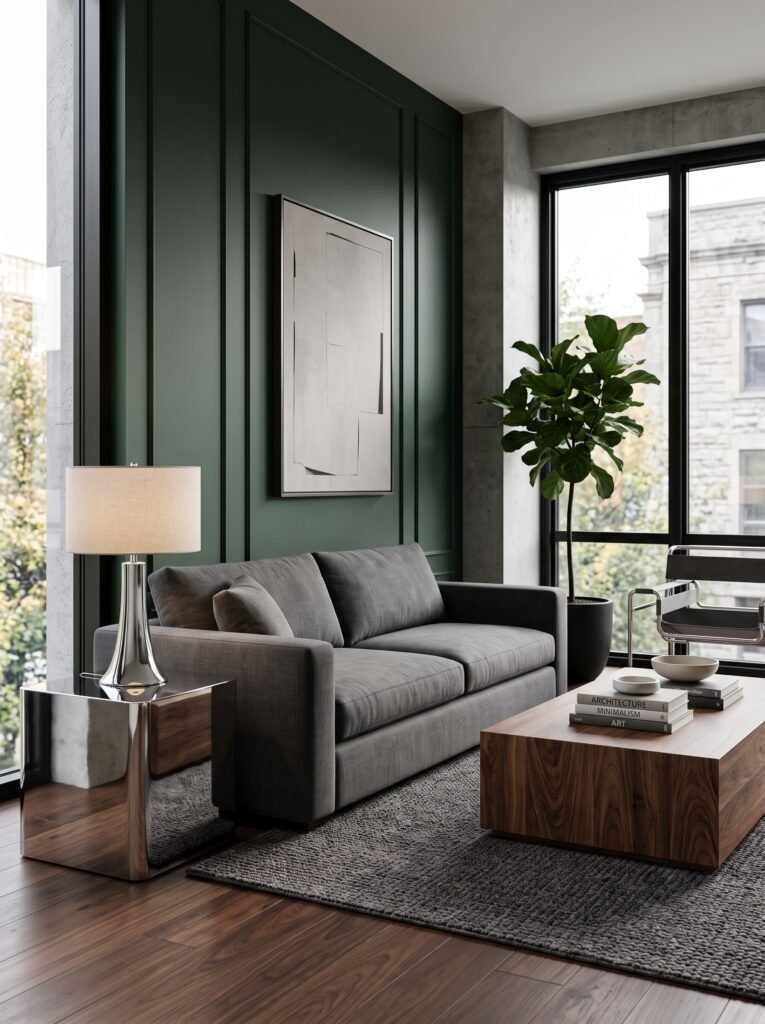 Modern chrome living room with a chrome side table, chrome lamp, chrome chair, walnut coffee table, charcoal sofa, and deep green wall.