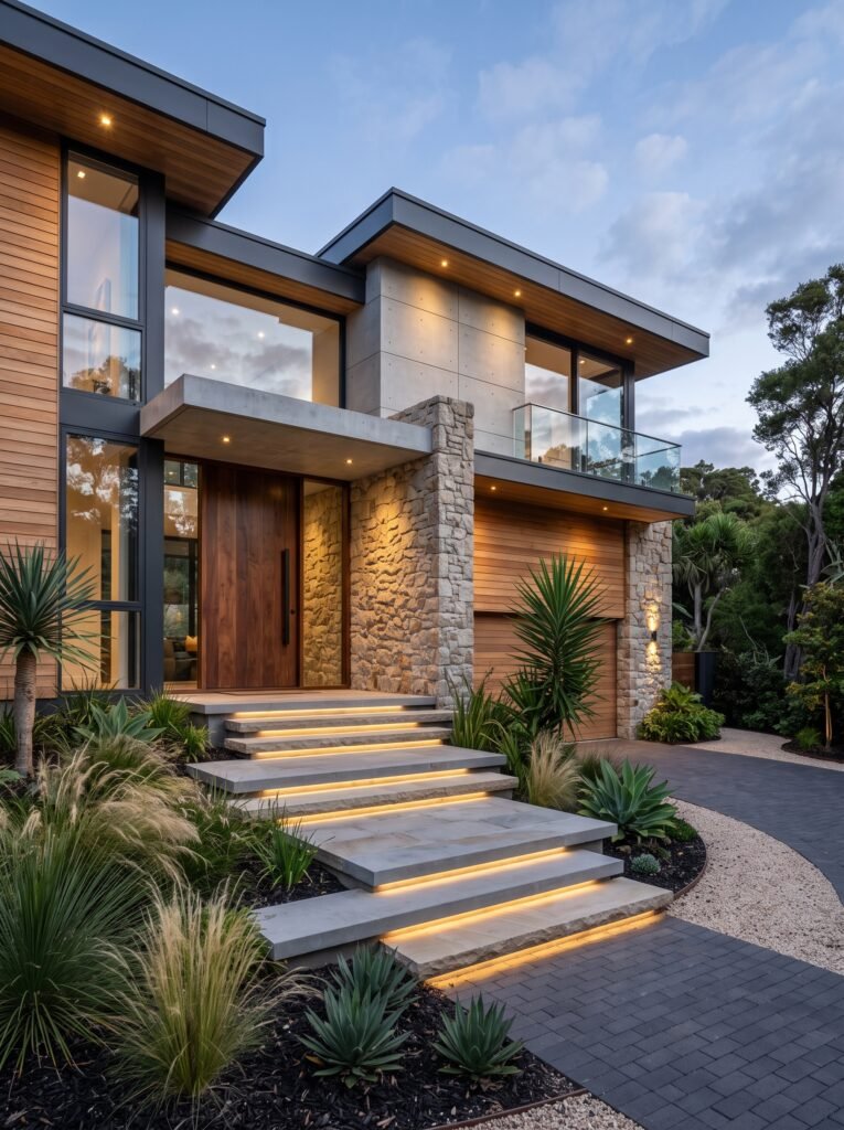 Modern house front with natural stone and warm wood