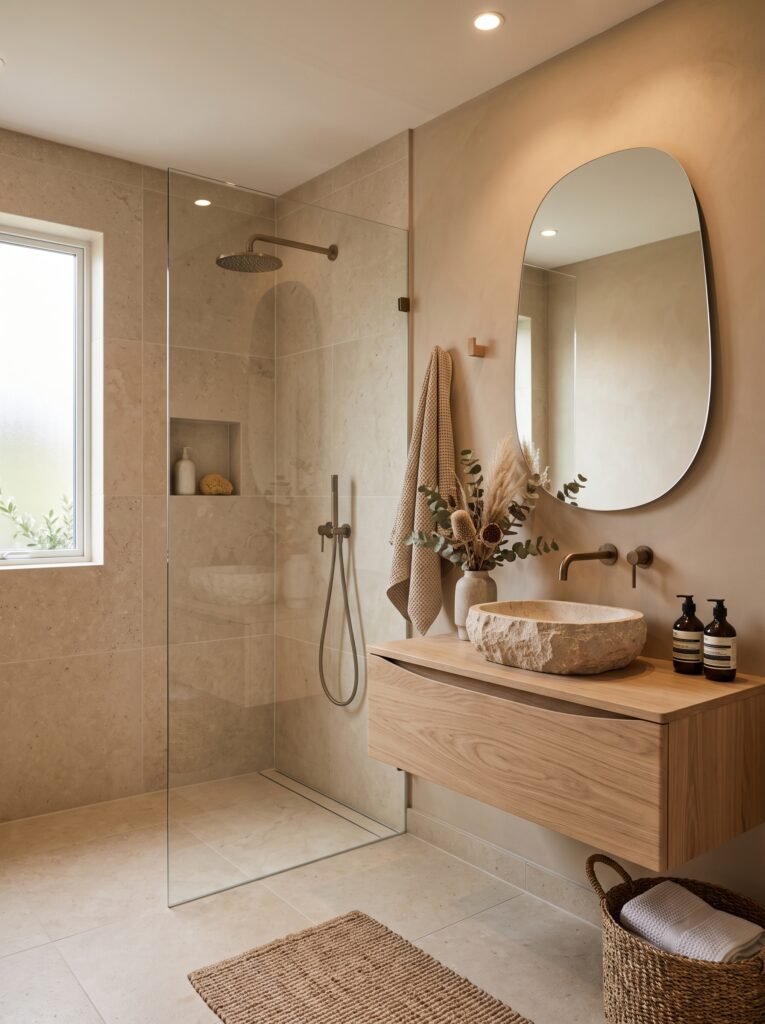 Contemporary natural bathroom with limestone, oak vanity, and earthy tones