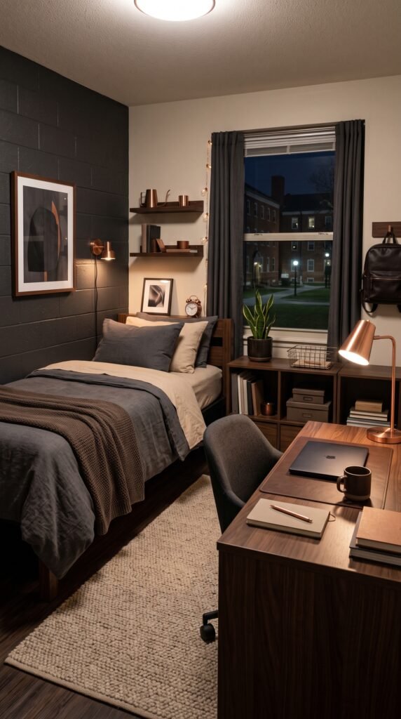 Moody neutral college dorm with charcoal bedding and walnut furniture