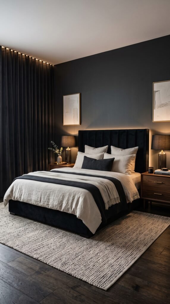 Dark modern bedroom with charcoal walls and warm walnut furniture