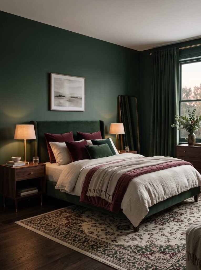 Romantic moody bedroom with deep green walls, cream bedding, walnut furniture, and warm lighting