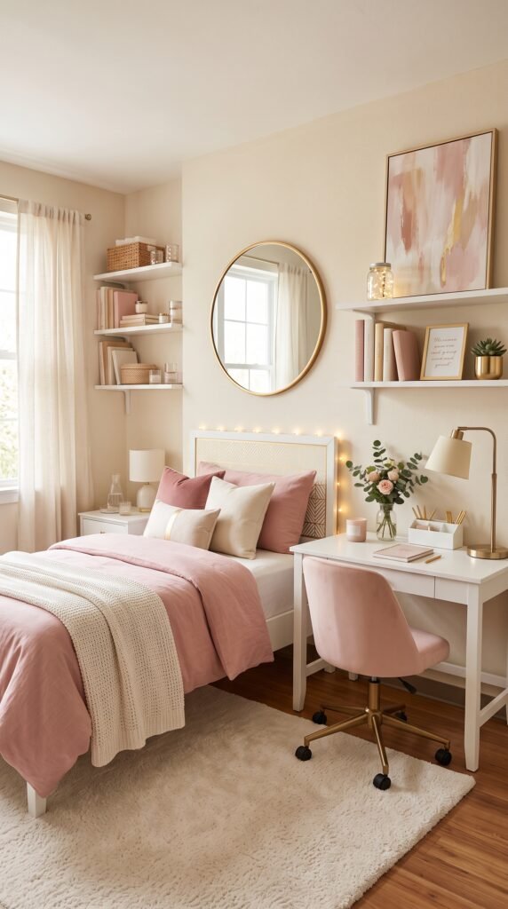 Pink and gold dorm room with dusty rose bedding and gold accents