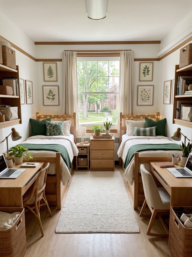 Shared dorm room for two with forest green bedding and matching desks