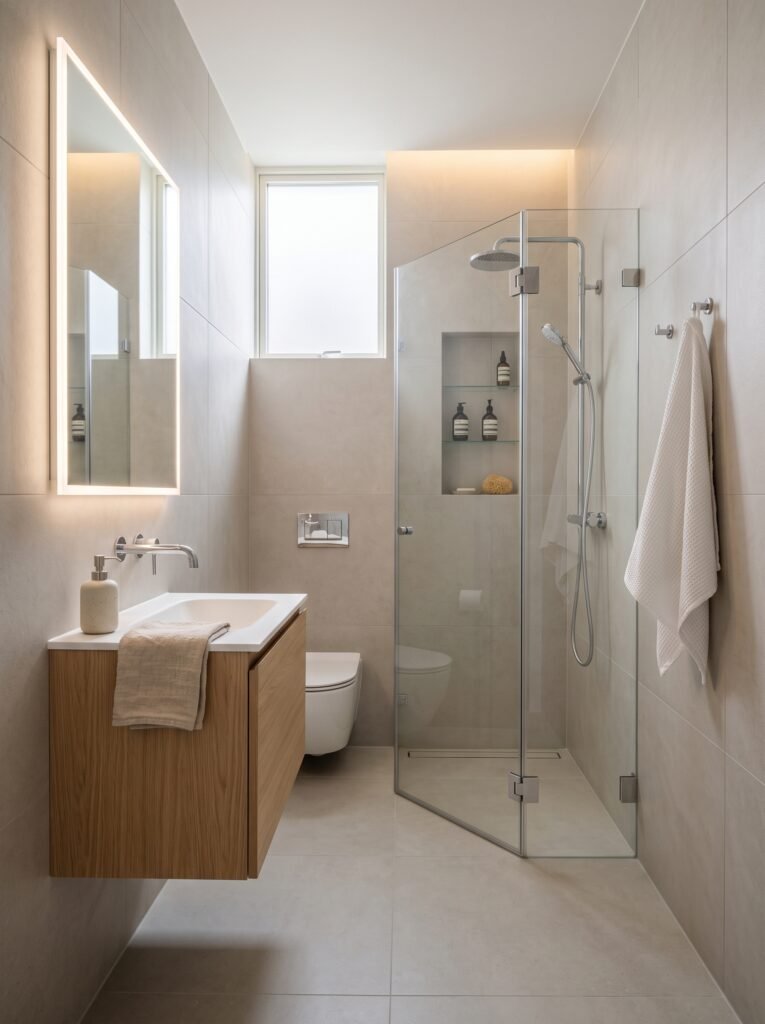 Very small bathroom with floating vanity and space-saving design