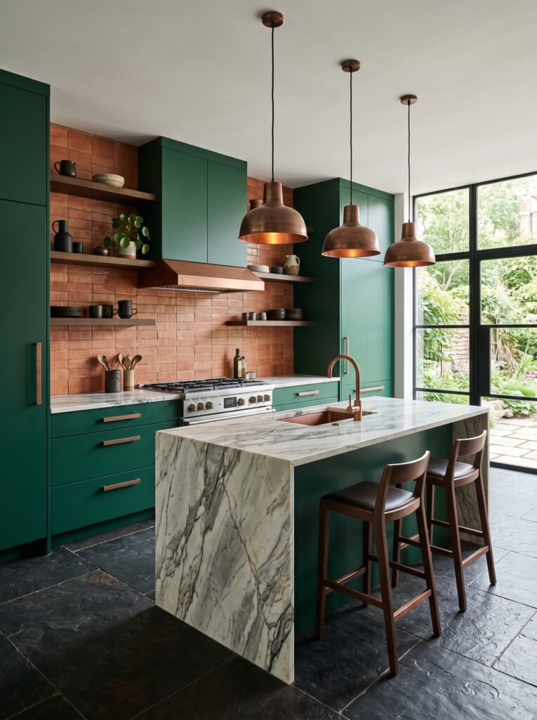 Bold contemporary kitchen with emerald green cabinets and terracotta backsplash