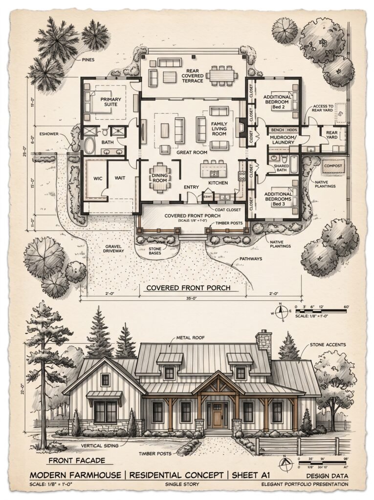 Narrow urban townhouse plan sketch with courtyard and two floors