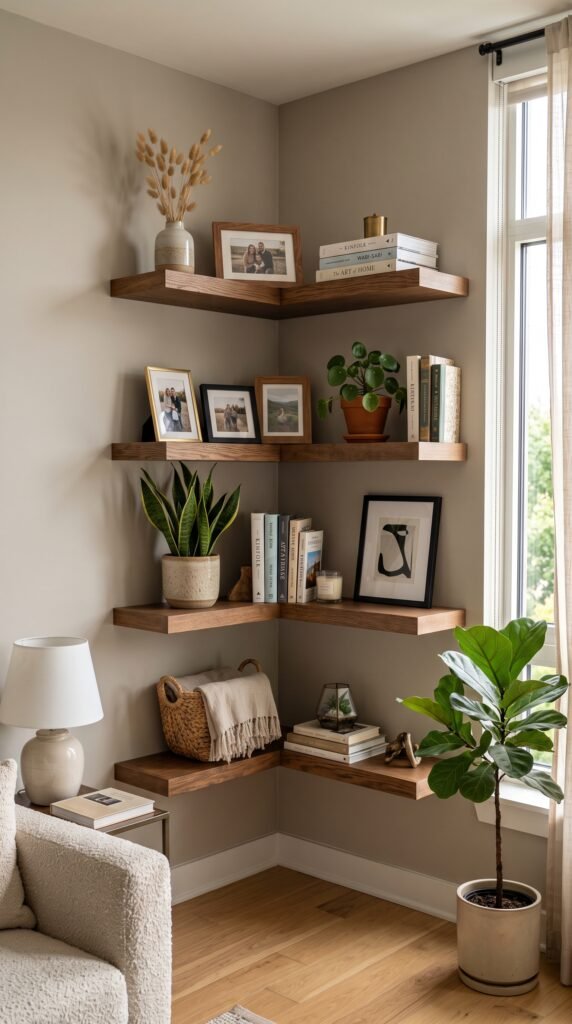 Floating shelf picture corner wall ideas with frames and decor
