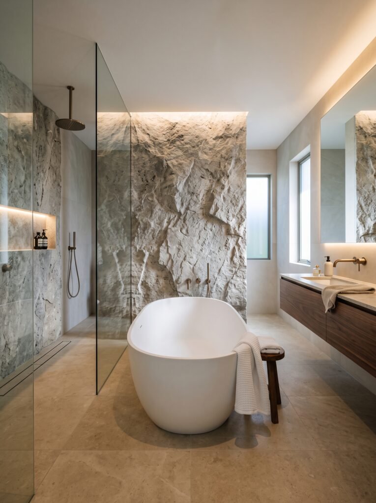 Modern bathroom with freestanding bathtub and natural stone feature wall