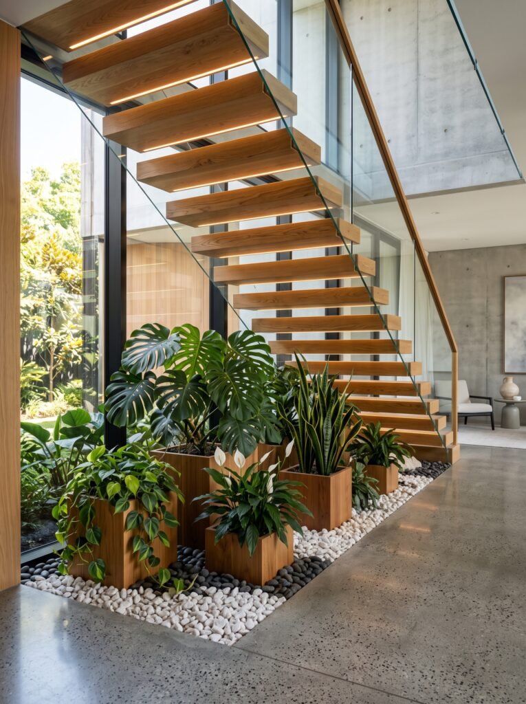 Modern under stair indoor garden with tropical plants and warm lighting