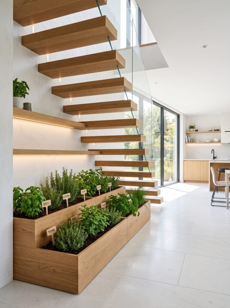 Indoor herb garden beneath a modern staircase