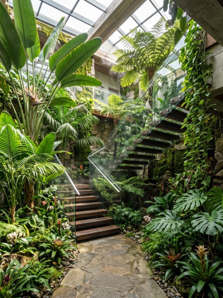Indoor rainforest staircase garden with lush tropical plants