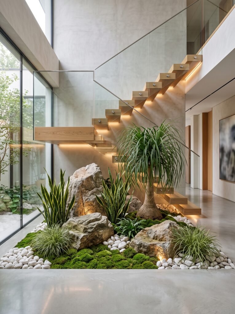 Modern indoor rock garden beneath a staircase