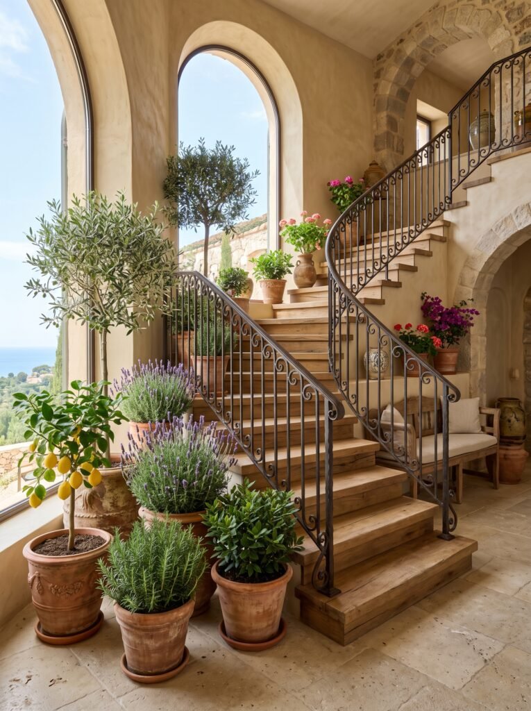 Mediterranean indoor staircase garden with olive trees