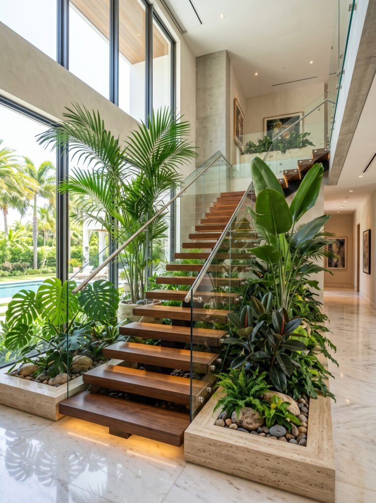 Luxury tropical indoor staircase garden with large green plants