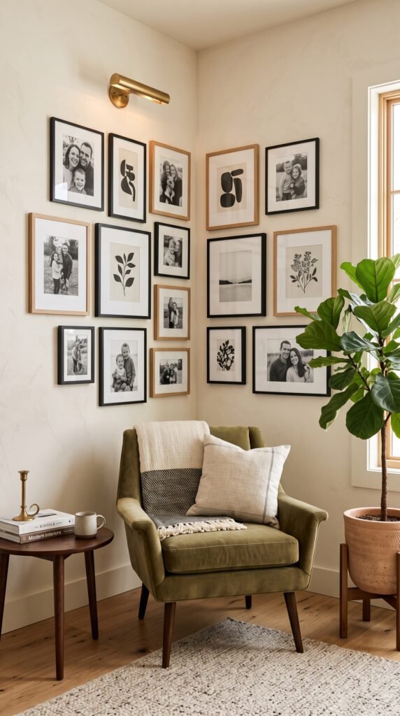 Modern gallery style picture corner wall ideas with elegant photo frames