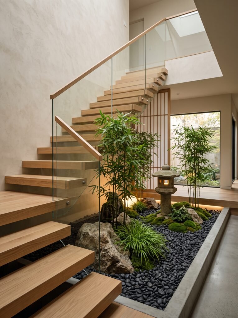 Japanese bamboo indoor staircase garden