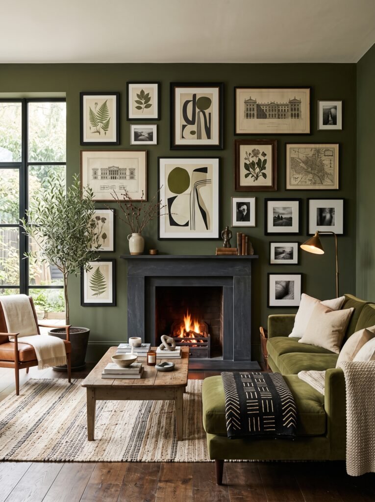 Fireplace surrounded by a curated gallery wall of botanical and architectural artwork