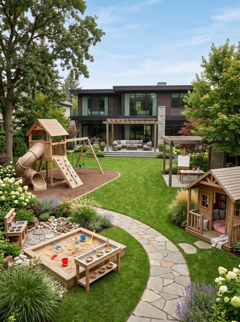 Large backyard with multiple children's play and activity zones