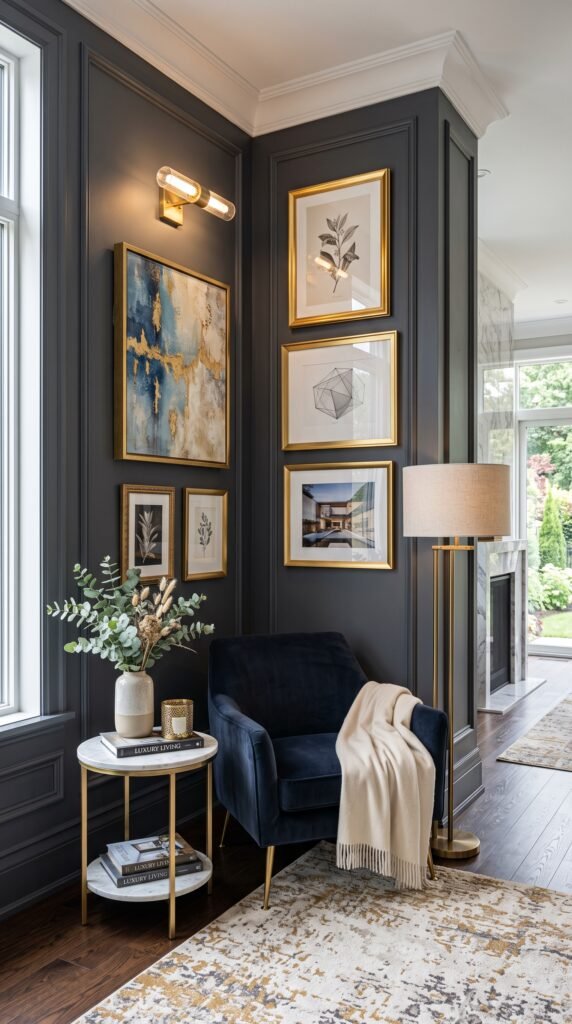 Luxury picture corner wall ideas with elegant frames and artwork