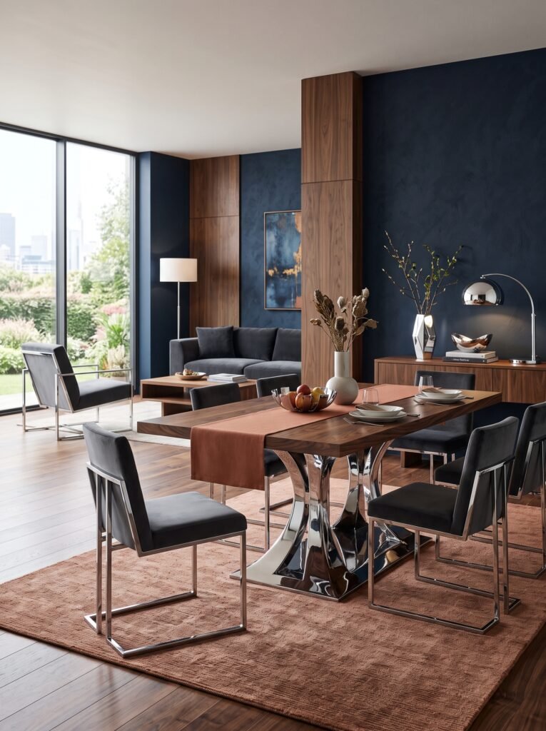 Contemporary interior featuring a polished chrome table with walnut wood, chrome chair, chrome lamp, charcoal upholstery, and midnight blue accents.