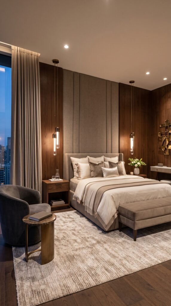 Luxurious master bedroom with oversized upholstered bed and walnut feature wall