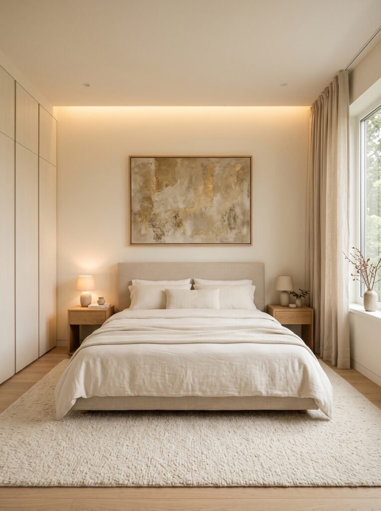 Minimal dreamy bedroom with cream linen bedding, natural oak furniture, warm lighting, and simple decor