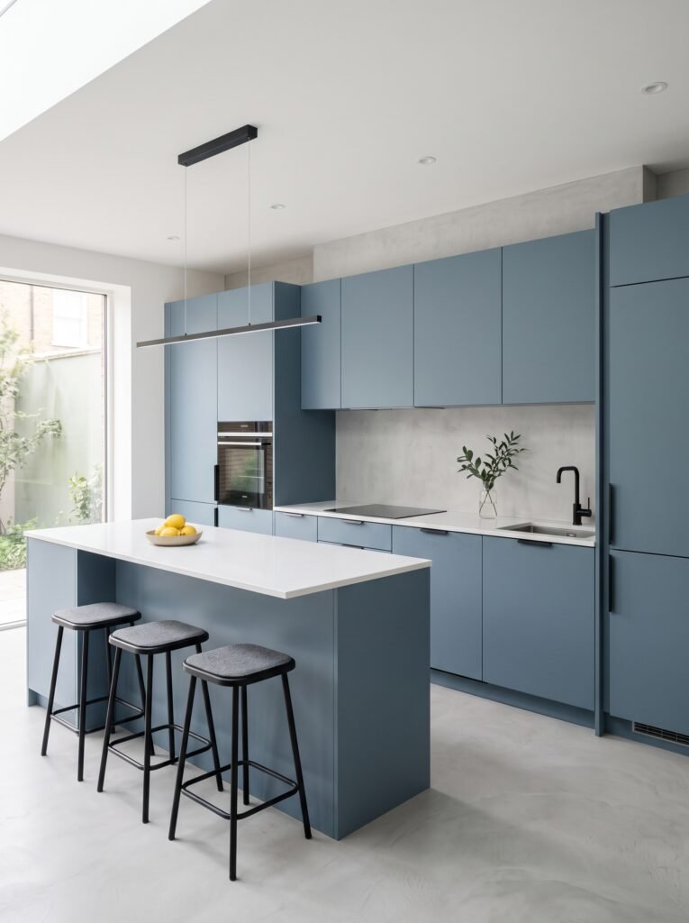 Minimalist simple kitchen with dusty blue cabinets and white countertops