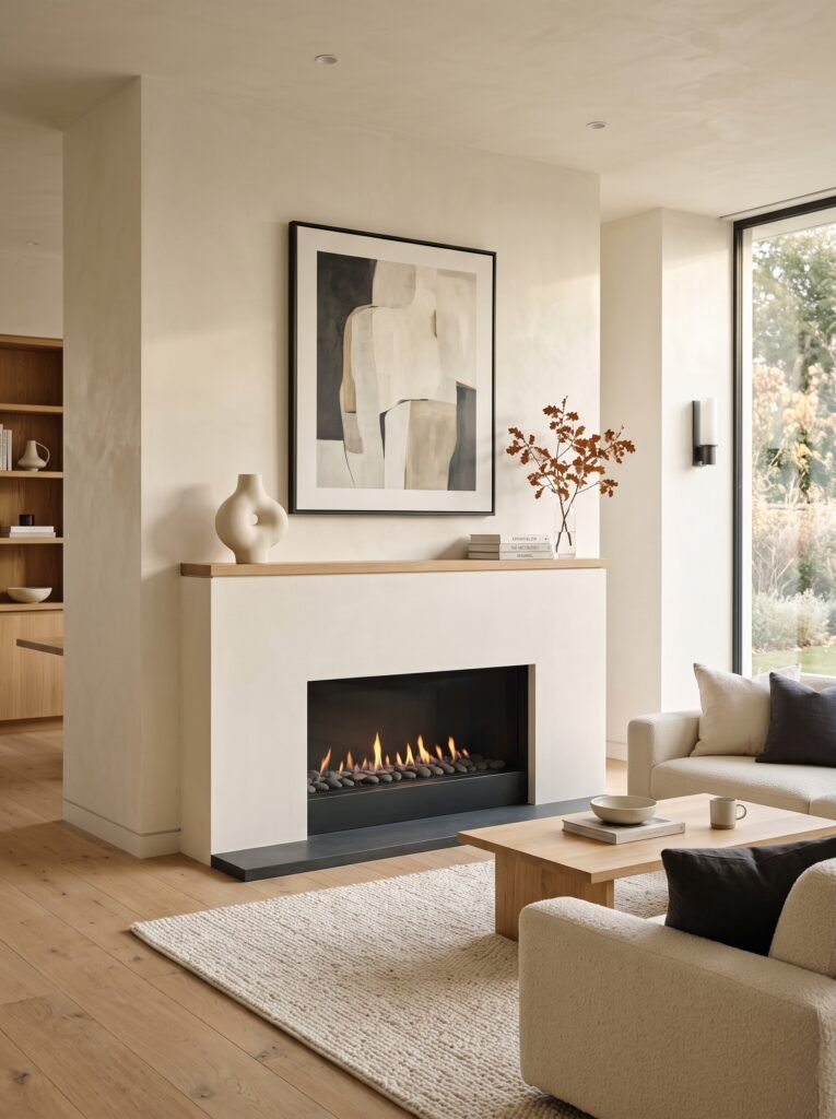 Minimalist fireplace with oversized artwork and neutral mantel decor