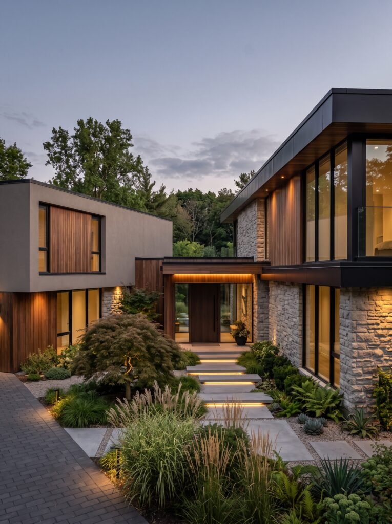  Modern L-shaped house front with landscaped courtyard