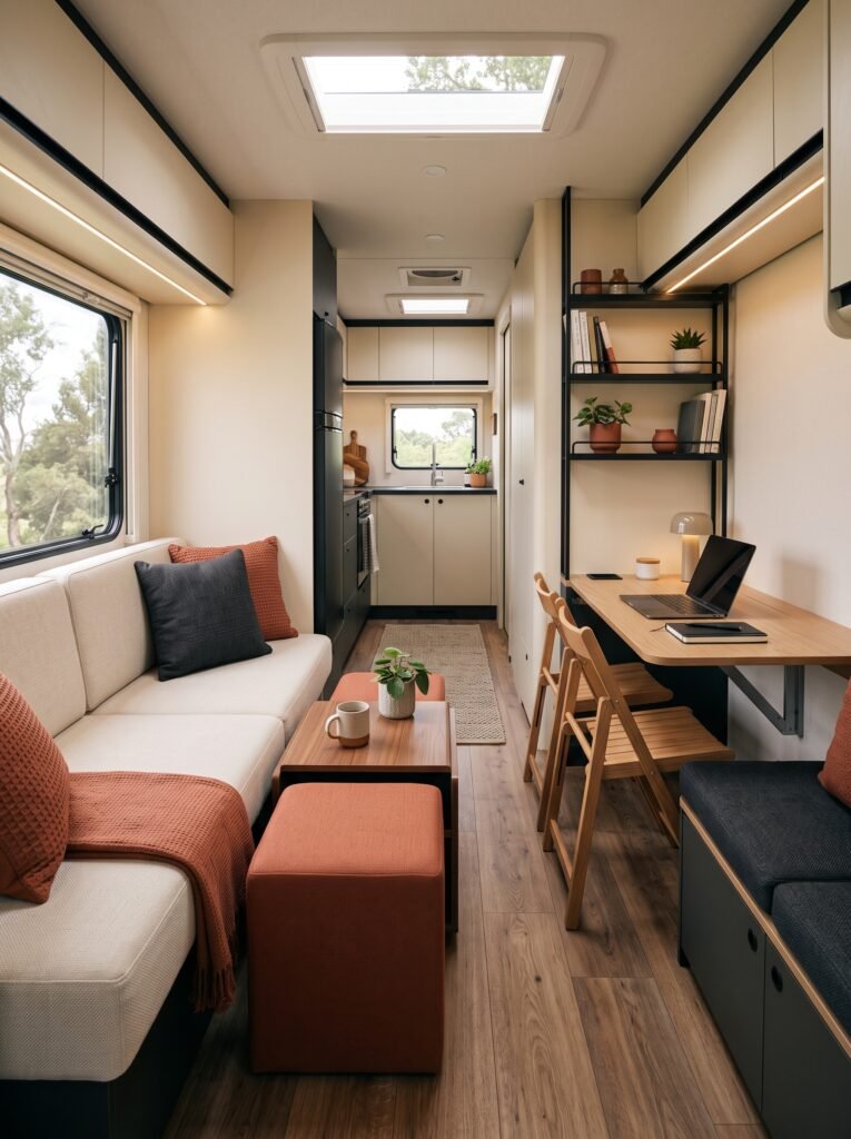 Multifunctional RV furniture with storage ottoman and fold-down dining table