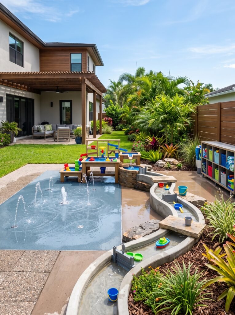 Modern backyard water play area with splash pad and water table