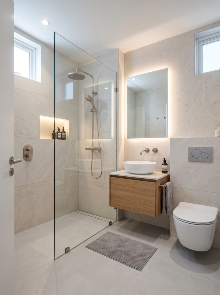 Compact modern bathroom with frameless walk-in shower and floating vanity