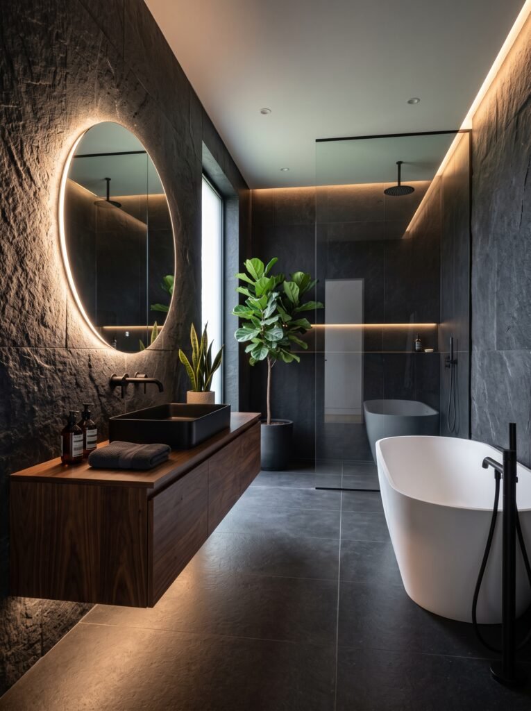  Dark modern luxury bathroom with walnut vanity and black fixtures