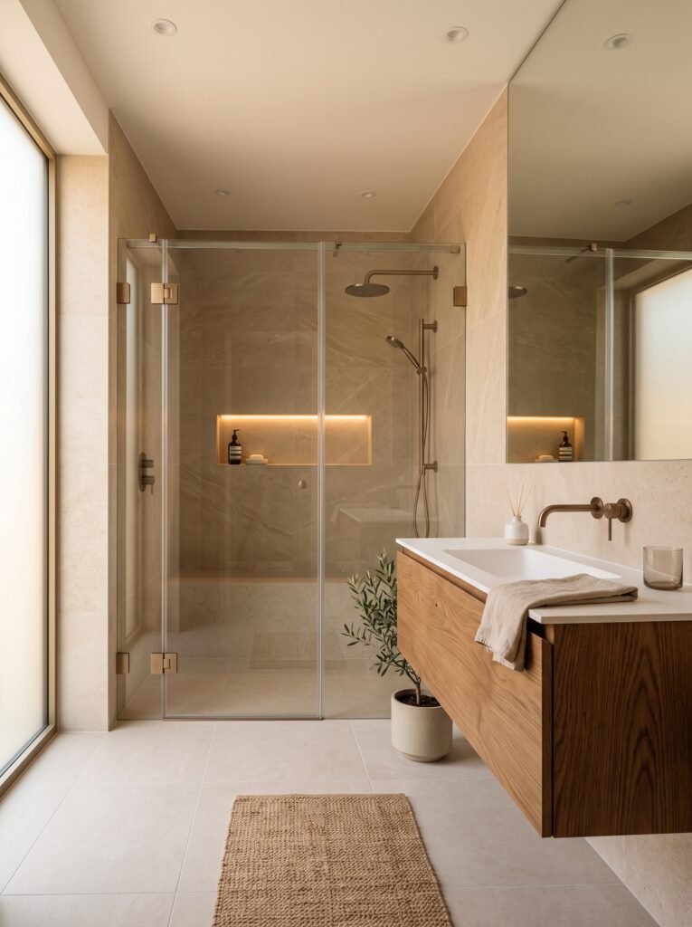 Warm minimalist modern bathroom with floating oak vanity and glass shower