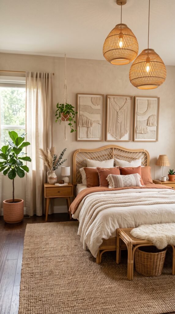 Modern boho bedroom with rattan furniture, plants, and natural textures