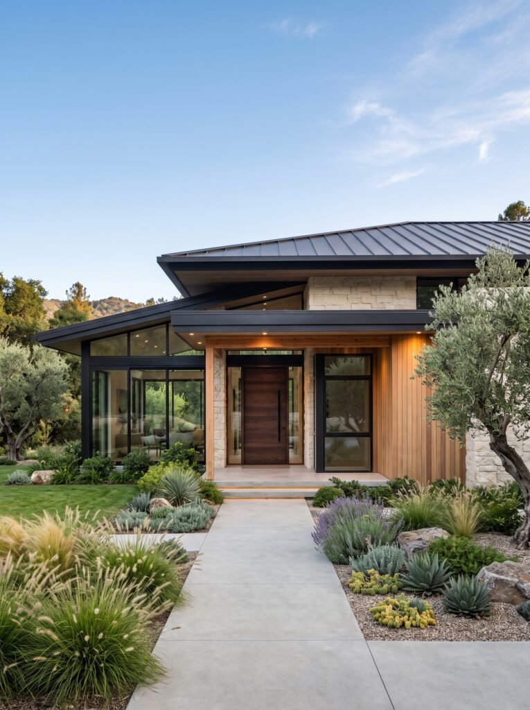 Luxury modern bungalow house front with stone and timber