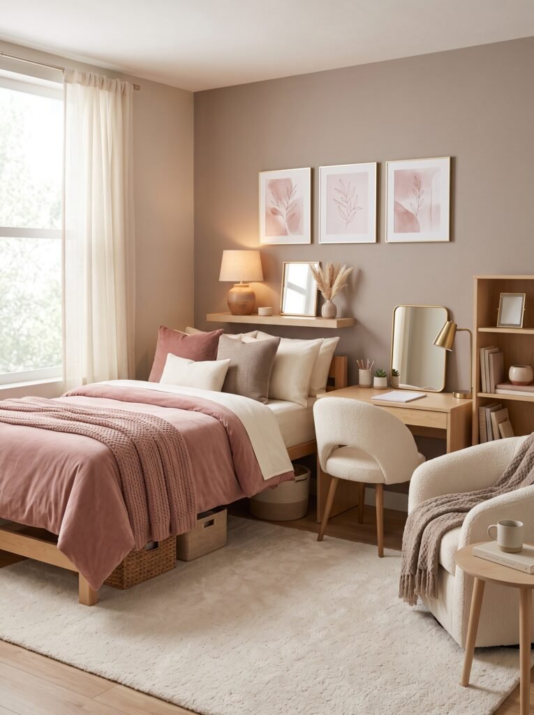 Cozy dusty pink dorm room with ivory bedding and maple furniture