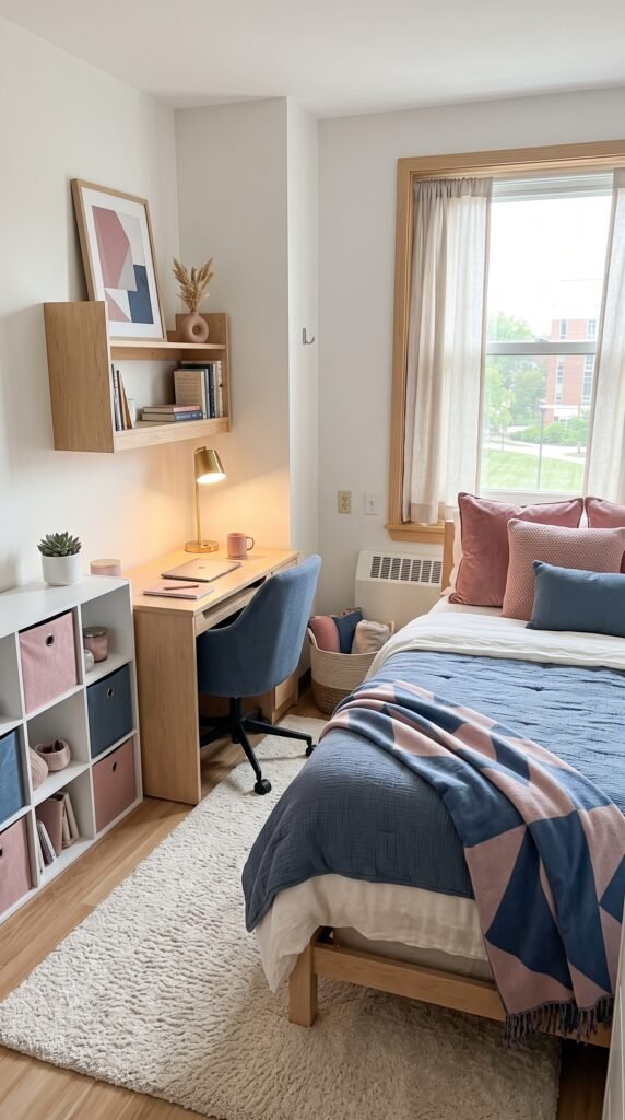 Pink and blue dorm room with slate bedding and pale wood furniture