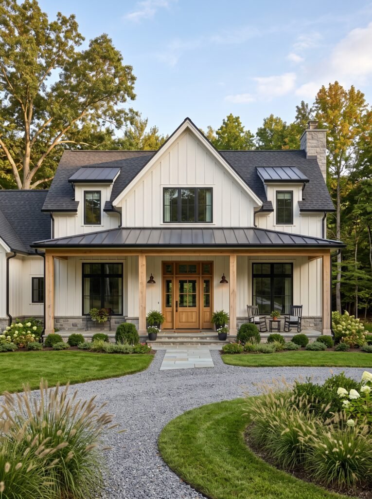 Modern farmhouse house front with covered porch and timber entrance