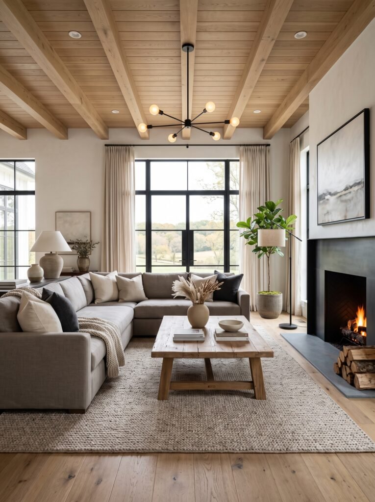 Modern farmhouse living room with timber beams and neutral furniture