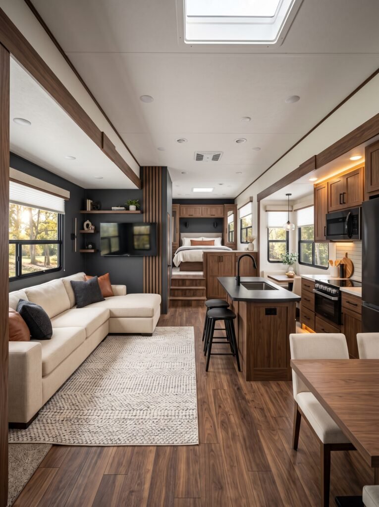 Modern 5th wheel camper makeover with cream seating and walnut cabinetry