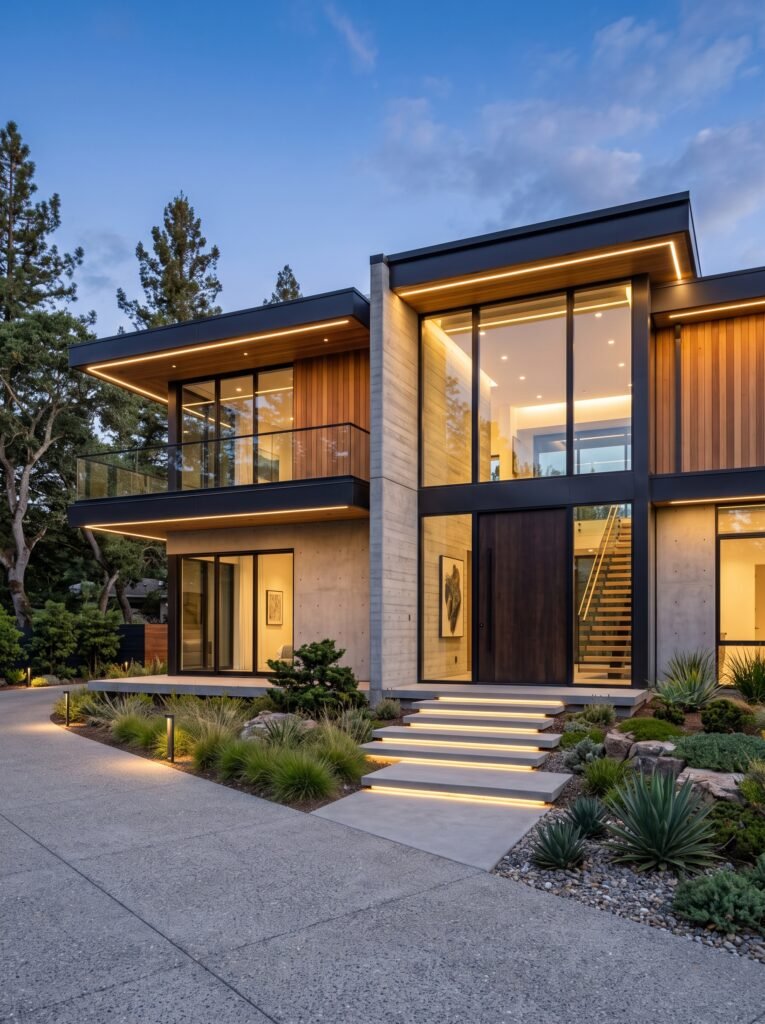 Two-story modern house with glass, concrete, and timber facade