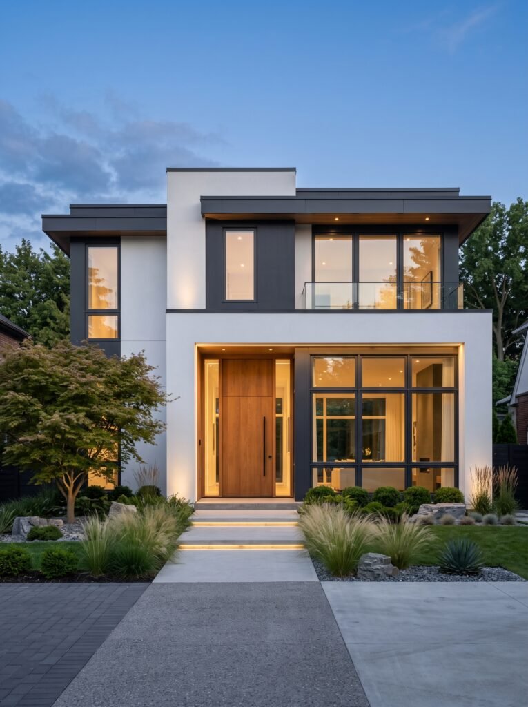 Minimalist white and charcoal modern house front