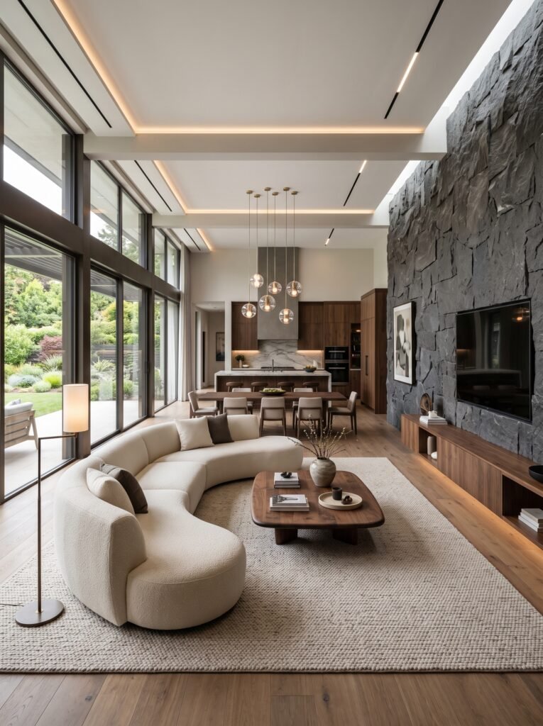 Luxury open-plan modern living room with stone TV wall and contemporary kitchen