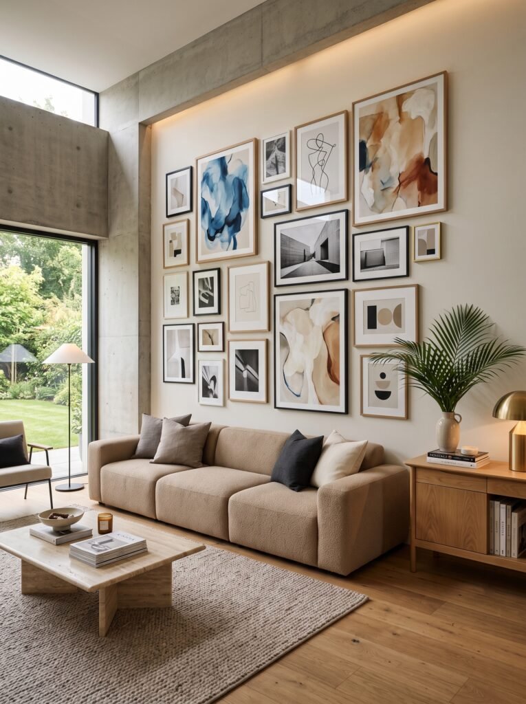 Modern living room with curated gallery wall and neutral furniture