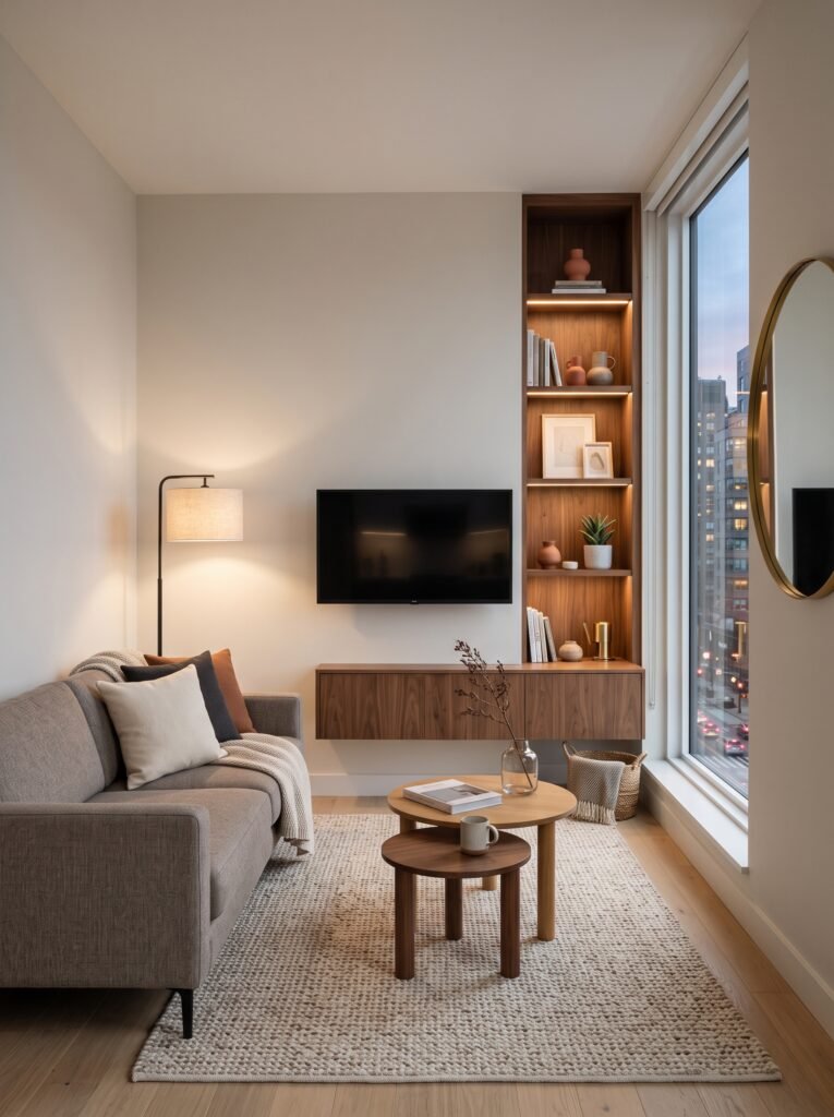 Small modern living room with floating storage and space-saving furniture